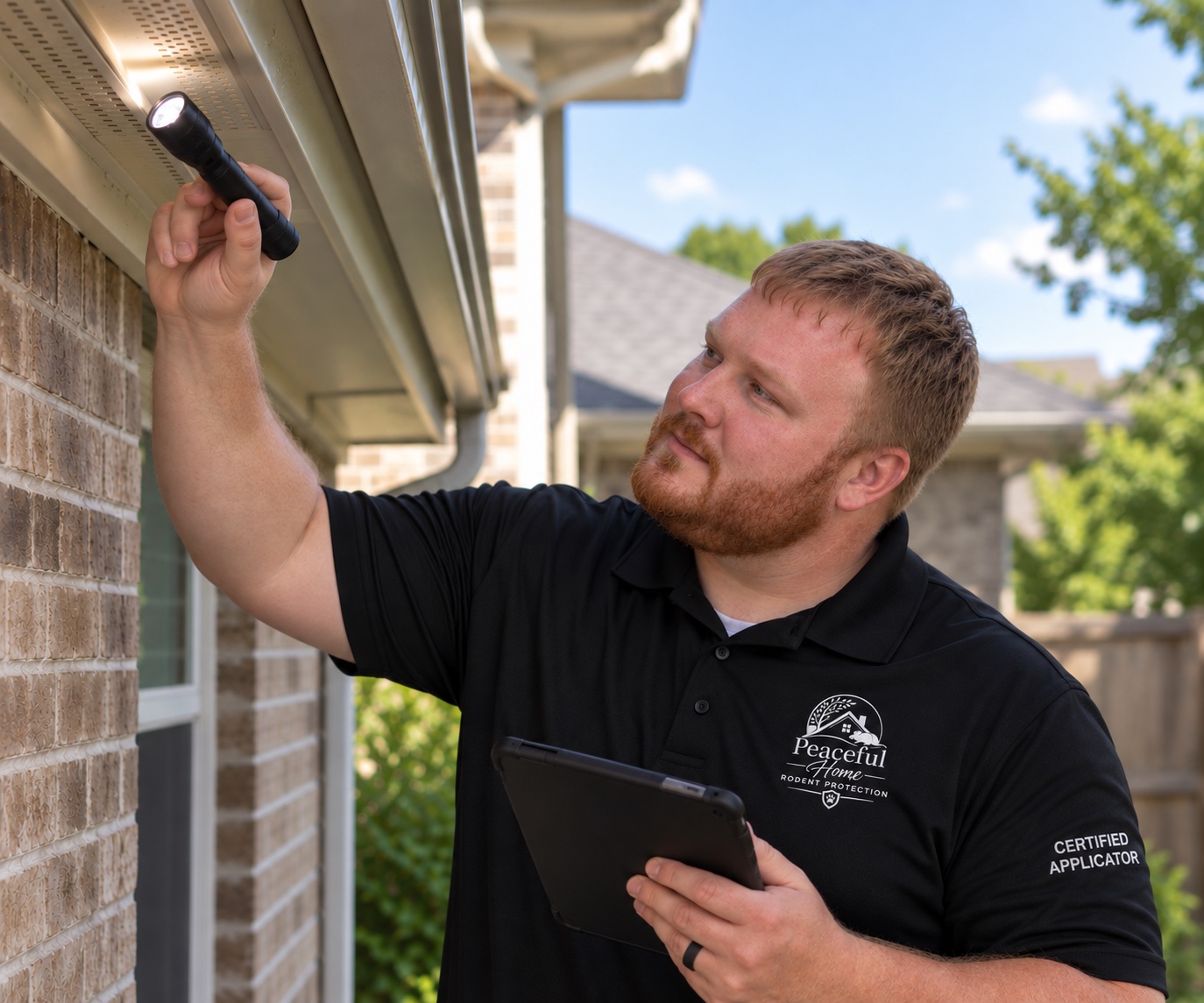Isaac Pinney inspecting a residential roofline while wearing a Peaceful Home Rodent Protection polo