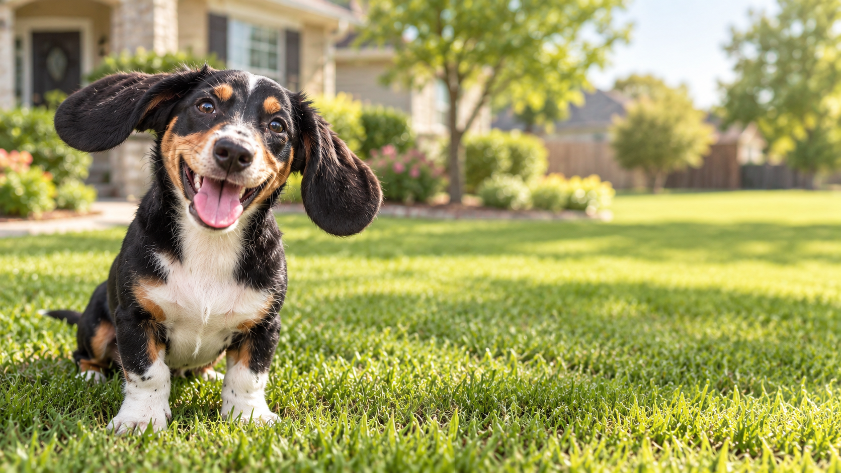 Bugs, a happy black, tan, and white long-eared dog, sitting in a sunny North Texas yard