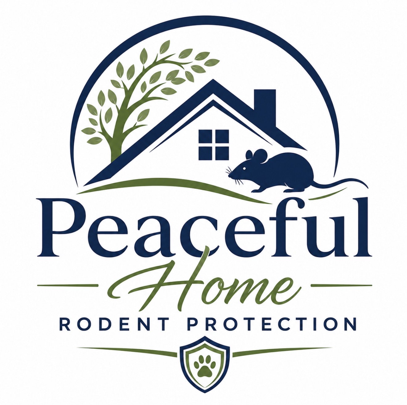 Full Peaceful Home Rodent Protection logo with house, tree, mouse, and paw shield