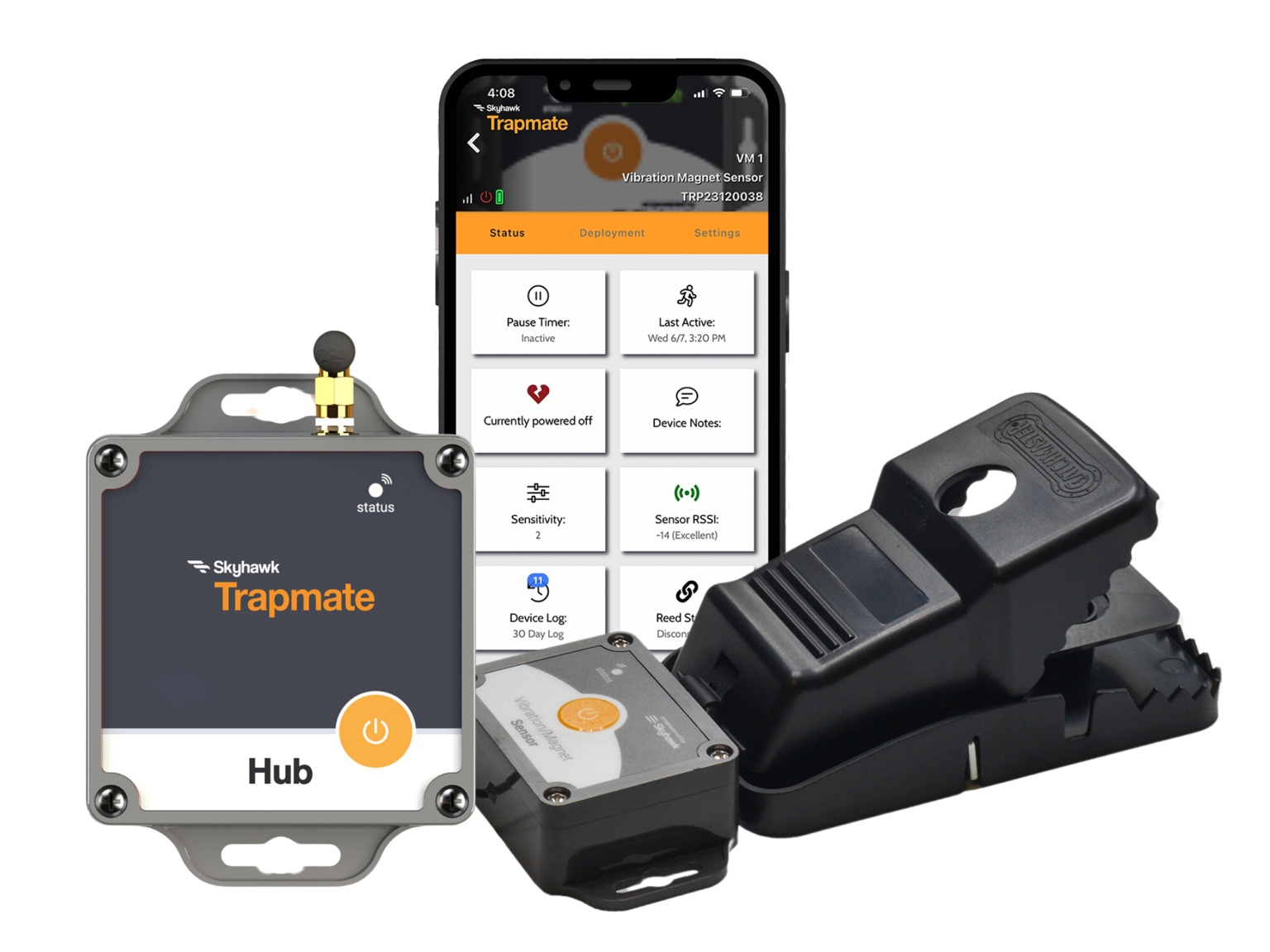 Skyhawk Trapmate Hub, sensor-equipped trap, and mobile monitoring interface